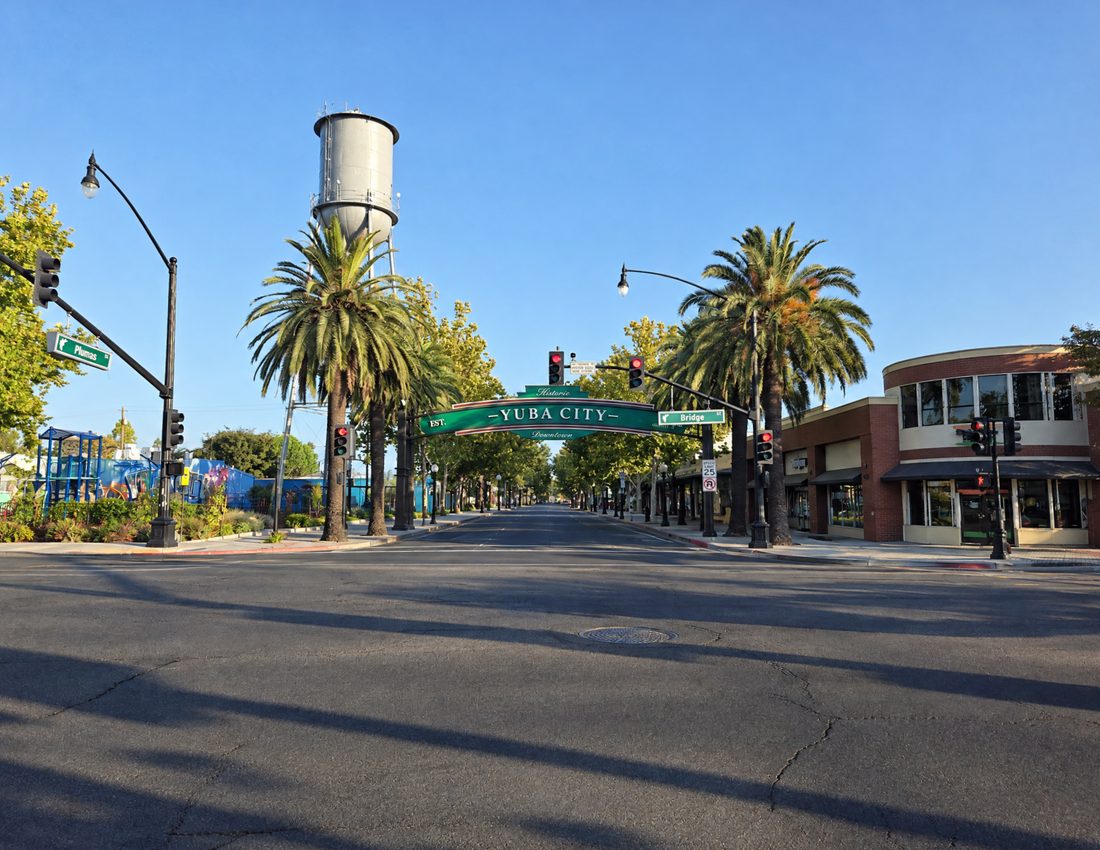 The historic downtown Yuba City arch and water tower
